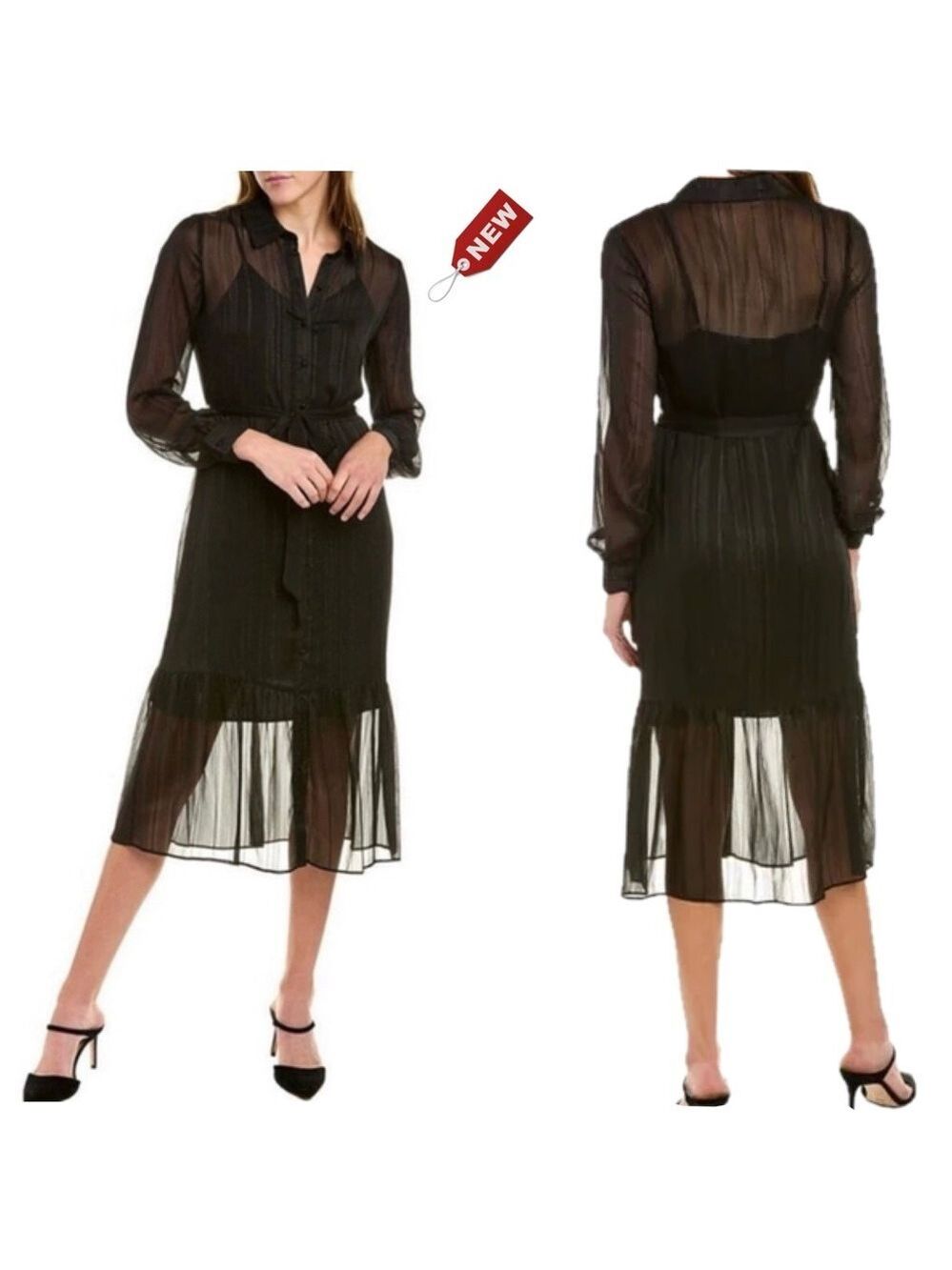 Nanette Lepore black metallic midi shirt dress pleated skirt sheer sleeves 14